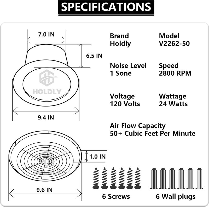 Holdly V2262-50 7 Inch Bathroom Exhaust Fan, 50 CFM, 1.0 Sones, 7" Ceiling Exhaust Fan, for 8 Inch Diameter Rough-in Opening, Ideal Ventilation for Bathroom, Laundry Room, Mobile Home, Kitchen & Garage - Image 2